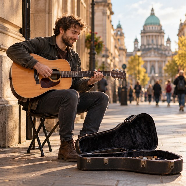 A guitarist busking on a Belfast street.