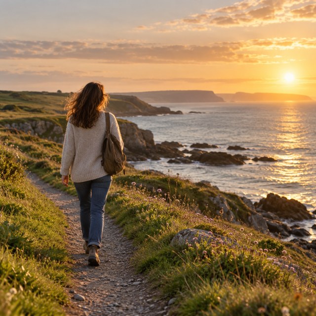 A woman walking along a seaside path in evening light.