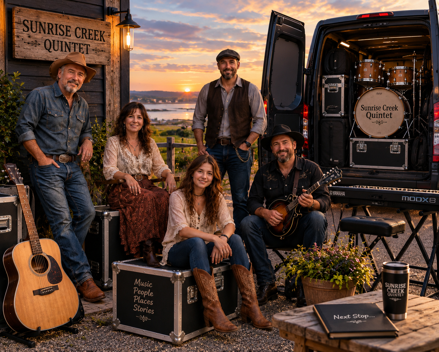Five musicians with their instruments beside their touring van on the waterfront at sunset.